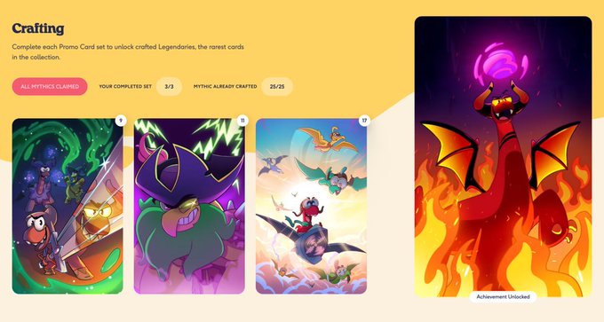 A screenshot of a Claynosaurz S1 "Crafting" interface displaying 2/3 completed sets and 25/25 mythics already crafted, with a large holographic Charizard-style dragon card marked "Achievement Unlocked," reflecting the user's final stats from opening 3,000 Pioneer Edition promo packs and spending $27,516.
