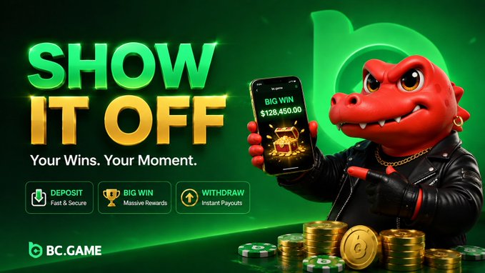A BC.GAME promotional banner reading 'SHOW IT OFF - Your Wins. Your Moment.' featuring a red crocodile mascot holding a phone displaying a $128,450.00 big win.