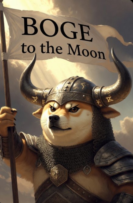 Digital illustration of an anthropomorphic Shiba Inu dog wearing a Viking helmet and armor, holding a banner that reads 'BOGE to the Moon' in a meme-style parody