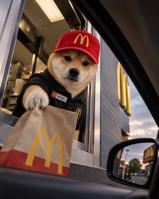 A Shiba Inu dog wearing a red McDonald's visor and black uniform works a drive-thru window, handing a McDonald's paper bag to a customer.