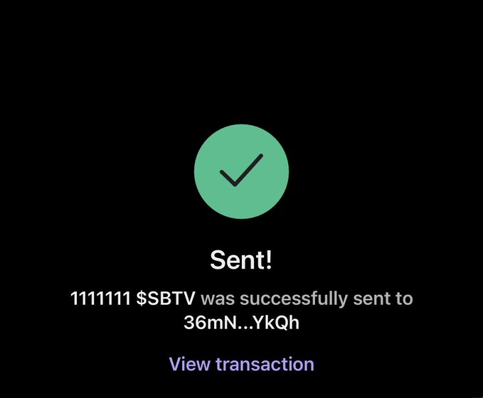 A confirmation screen displays a green checkmark indicating a successful transaction, with the message "Sent! 111111 $SBTV was successfully sent to 36mN...YkQh" and a "View transaction" link. This relates to the post about $SBTV live airdrops and onboarding, as it visually confirms the distribution of $SBTV tokens to recipients during the event.