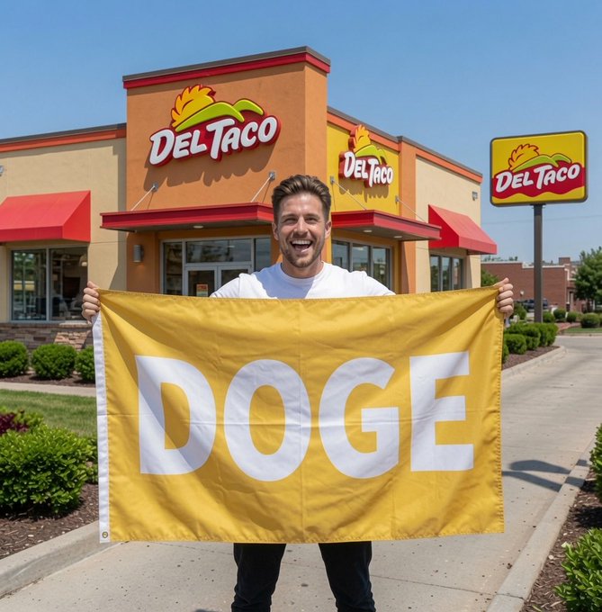 The image features a man holding up a yellow flag with white text that says "DOGE" on it. The man appears to be smiling as he poses for the photo, possibly celebrating or promoting something related to the Dogecoin coinage. The background of the image shows a building and a sign for Del Taco, which is an American fast food restaurant chain known for its tacos.