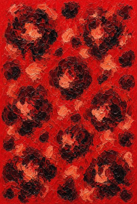 An abstract painting featuring circular floral-like patterns in shades of red, crimson, and pink with thick textured brushstrokes.