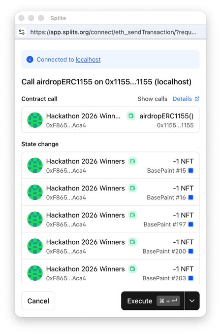 A screenshot of a Splits application window showing a transaction call to 'airdropERC1155' on a localhost address, listing NFT items 'BasePaint #15' through '#203' as state changes.