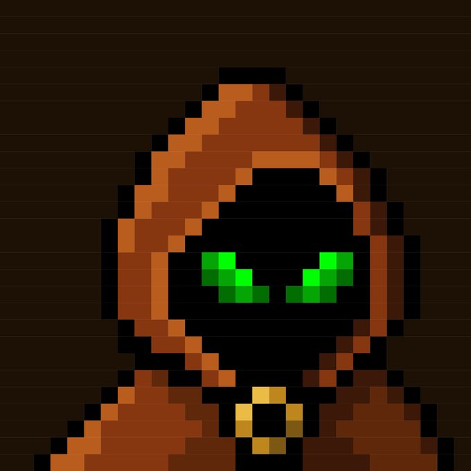 Pixel art of a hooded figure with a black face, glowing green eyes, and a brown robe with a gold amulet against a dark brown background.