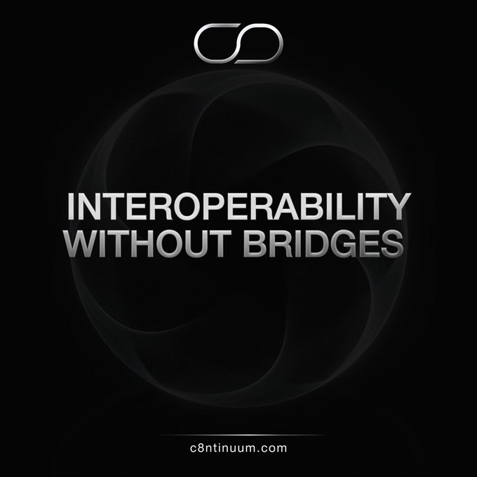 A sleek black promotional graphic featuring the c8ntinuum logo at the top and the bold tagline "INTEROPERABILITY WITHOUT BRIDGES" centered over a subtle dark spherical design, with the website "c8ntinuum.com" displayed at the bottom, visually reinforcing the post's message about eliminating bridge-based cross-chain asset transfers in favor of a more streamlined interoperability solution.