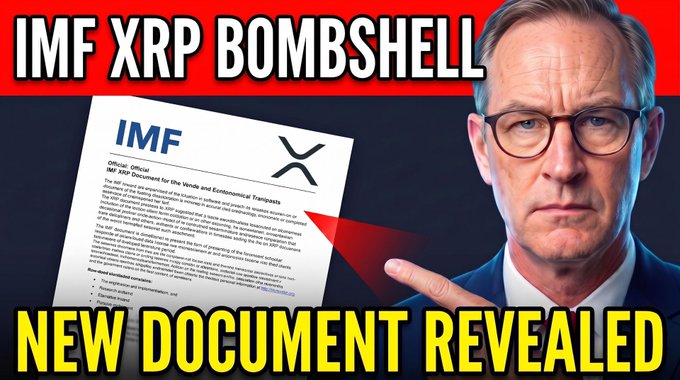 The image is a YouTube thumbnail featuring a serious-looking man in glasses alongside an IMF document titled "IMF XRP Document for the Vanda and Economatical Transports," with bold text overlays reading "IMF XRP BOMBSHELL" and "NEW DOCUMENT REVEALED" — visually supporting the post's claim of a newly surfaced IMF document linking XRP to banking institutions and a potential DTCC Ripple partnership.