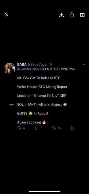 A tweet from user BABA (@BabaCutz) lists crypto predictions for August, including Bitcoin at $589, Mt. Gox BTC release, a White House BTC Mining Report, Loadstar's "Chance To Buy" XRP call, and SOL and BG123 flagged as August picks. The image relates to the accompanying post by highlighting XRP as a potential buying opportunity in August, aligning with the "Last chance to buy cheap #xrp" message.