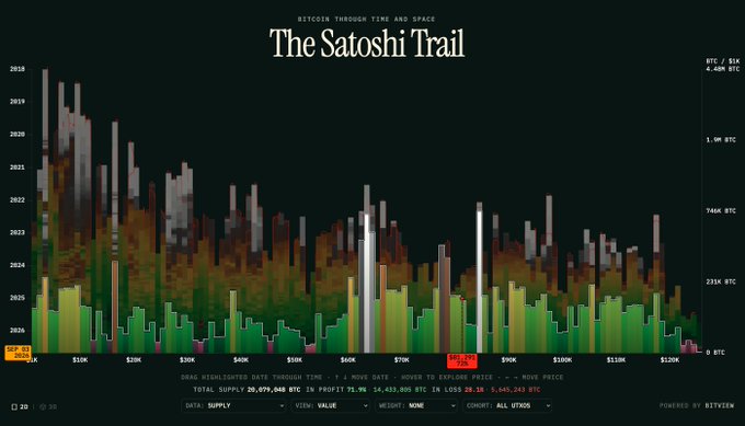A dark-themed data visualization titled 'The Satoshi Trail: Bitcoin Through Time and Space', displaying bar charts and supply data powered by Bitview.