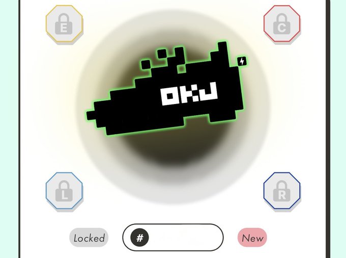 The image features a white circle with black text that reads "OKJ" inside of it, surrounded by four locks. The background of the image is green, which contrasts with the white circle and the black text. There are also two buttons on the right side of the image, one labeled "New", and another labeled "Locked".