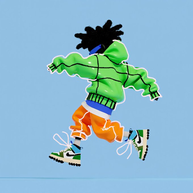 A stylized 3D illustration of a person with dreadlocks mid-jump, wearing a bright green hoodie, orange pants, and Nike sneakers against a sky-blue background—capturing the energetic, upbeat vibe of a morning "gm" (good morning) greeting.