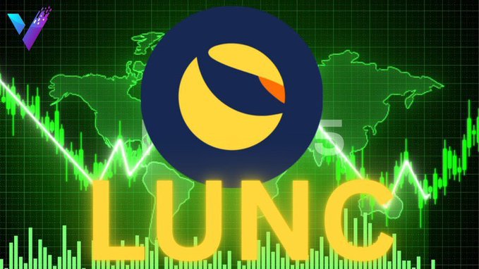 A bold "LUNC" cryptocurrency logo is centered over a green world map backdrop with stock-style price charts, visually reinforcing the post's data-dense monthly summary highlighting the $LUNC token's price, burns, and governance updates.