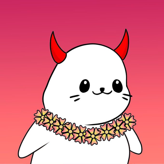 Cute white cartoon character with red devil horns wearing a flower lei on a pink/magenta gradient background.