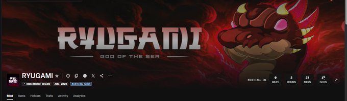 A banner for a cryptocurrency project called RYUGAMI, subtitled 'GOD OF THE SEA,' featuring a red oni character and a listing on the Homewood Chain with upcoming minting details.
