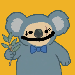 A cartoon illustration of a gray koala wearing a blue bow tie and holding a green leafy branch on a yellow background.