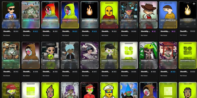 A grid of various NFTs is displayed for sale, featuring cartoon-style characters including hooded figures, flames, and pixelated avatars with prices listed below each item.