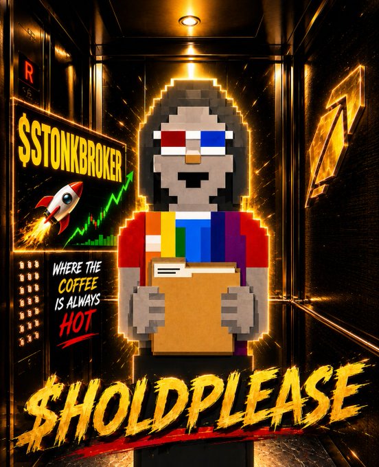 Pixel art poster featuring a hooded character holding a folder, with '$STONKBROKER' displayed on an elevator ad reading 'WHERE THE COFFEE IS ALWAYS HOT' and '$HOLDPLEASE' in large yellow text.