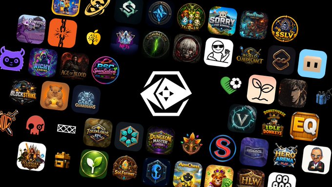 A collage of numerous game icons and logos arranged around a central PlayToEarn emblem, showcasing the 50+ titles that have upgraded to Approved or Plus badges on the platform. Visible game names include Sorry, Brawl & Chaos, Night Crows, Age of Blood, BlockStrike, Gable Guardians, Thetan Lords, Dungeon Master, ApeClash, Hero Arena, and HLW, illustrating the diverse range of games benefiting from the new visibility and traffic packages.