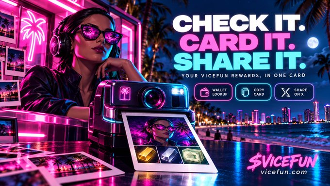 ViceFun promotional image with neon pink and cyan colors, featuring the tagline 'CHECK IT. CARD IT. SHARE IT.' and showcasing wallet lookup, copy card, and share on X features at vicefun.com.