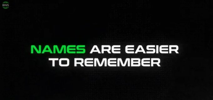 A black background graphic with green and white text reading 'NAMES ARE EASIER TO REMEMBER' with a small 'DNS' logo in the upper left corner.