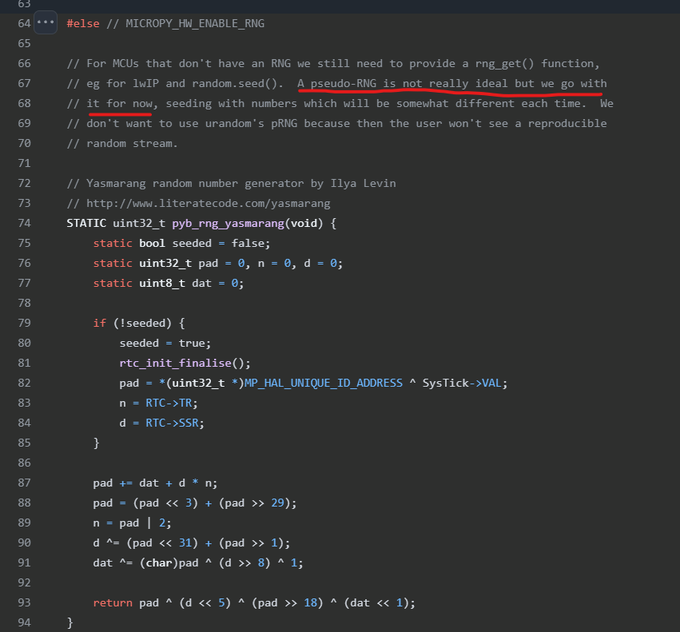 A code snippet showing a C function called 'pyb_rng_yasmarang' implementing a Yasmaran random number generator by Ilya Levin, with a comment noting 'A pseudo-RNG is not really ideal but we go with it for now.'