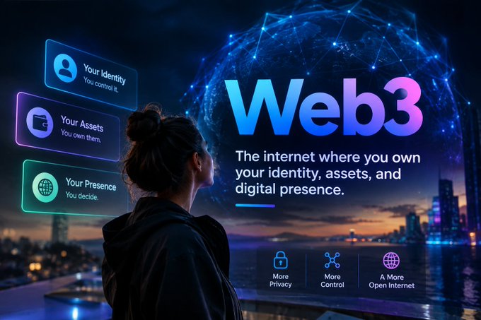A promotional image for Web3 showing a woman looking at a digital interface featuring 'Your Identity', 'Your Assets', and 'Your Presence' panels, with text reading 'The internet where you own your identity, assets, and digital presence.'