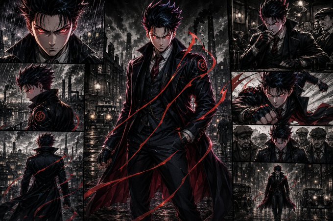 The image is a dark, anime-style comic/manga collage featuring a spiky-haired, red-eyed male protagonist in a long black coat surrounded by gloomy industrial cityscapes and shadowy figures, with red energy tendrils swirling around him.

The post's "try again" message pairs well with the determined, brooding hero imagery, which conveys themes of perseverance, resilience, and facing challenges head-on in a gritty, atmospheric world.