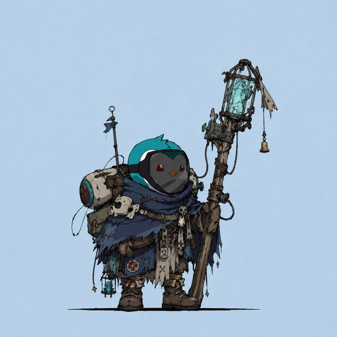 A small, tattered penguin-like character wearing a patched blue cloak, carrying a skull-adorned staff topped with a glowing lantern and a rugged backpack, standing against a plain blue background. The whimsical, post-apocalyptic illustration complements the casual crypto Twitter greeting, with the penguin character evoking the "gm" and community vibes common in CT culture.