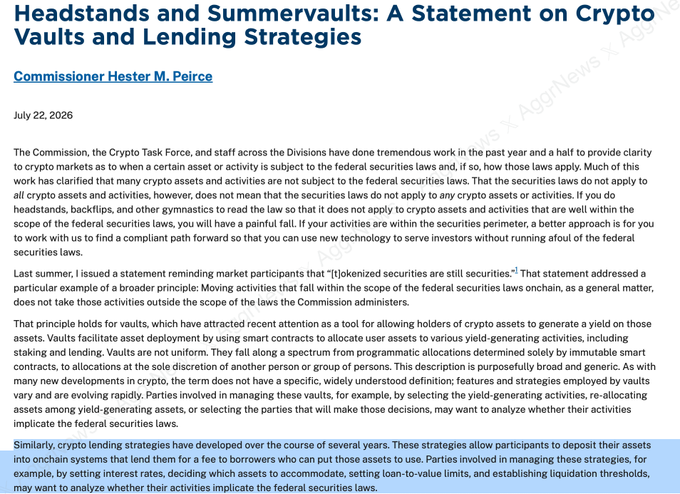 The image shows an SEC statement titled "Headstands and Summervaults: A Statement on Crypto Vaults and Lending Strategies" by Commissioner Hester M. Peirce, dated July 22, 2026, discussing federal securities laws as they apply to crypto assets and activities like staking and lending. The sarcastic caption criticizes the SEC for timing a statement about crypto lending strategies (which could negatively impact ETH sentiment) right as Ethereum is attempting to break the $2,000 price level, suggesting the regulator is intentionally interfering with ETH's price movement.