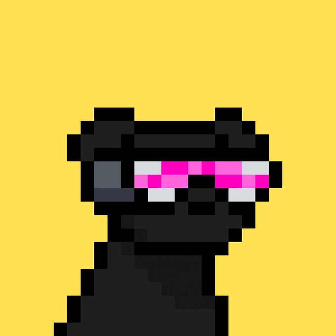 Pixel art of a black cat wearing pink and white heart-shaped sunglasses against a solid yellow background.