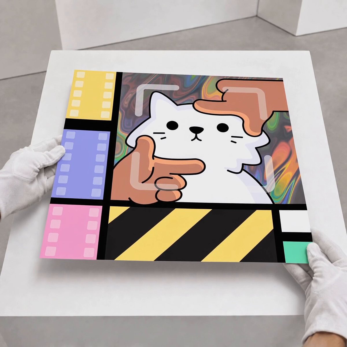 The image shows a person holding up an art piece, which appears to be a painting or drawing of a cat with a human hand framing its face. The artwork has a unique style reminiscent of the cubist movement by Pablo Picasso. The person is wearing white gloves and there are multiple film reels visible in the background. The image also contains text that reads "Mondrian x @Doodles Coated Pink" and "@OpenSea". The post mentions an open sale for physical redemption, which means that the artwork can be purchased directly from the artist or through a third-party seller. The post also states that the artwork is now available for @VeVe_Official 3D/AR collectors to claim. Follow the instructions provided below to redeem your copy of this artwork: Visit www.opensea.com and follow the link to claim your copy.