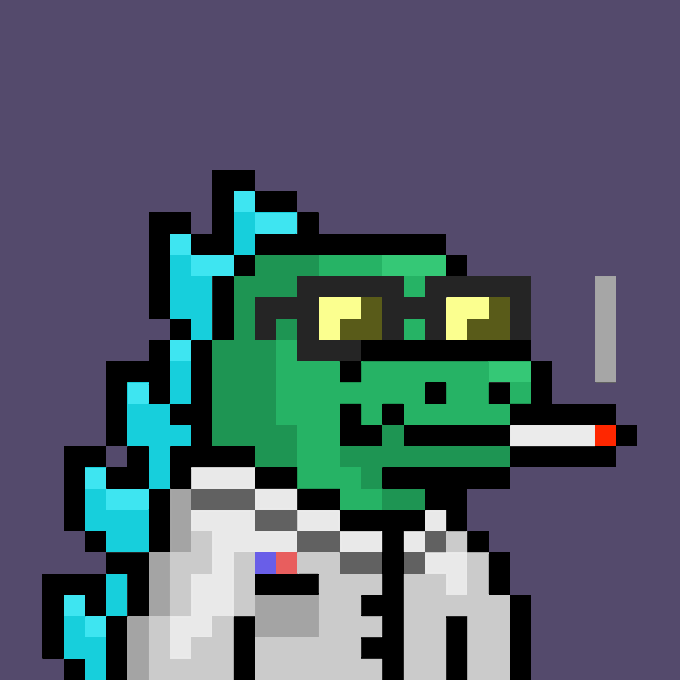 A pixel art illustration of a green reptilian character wearing yellow goggles and a white lab coat, smoking a cigarette against a purple background.
