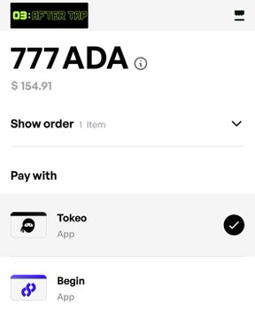 A screenshot from Baptist Tap showing a checkout for 777 ADA at $154.91, with payment options to pay via Tokeo or Begin app.