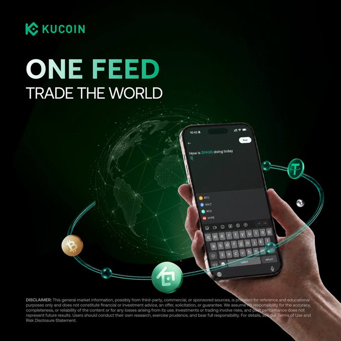The image features a person holding a smartphone displaying an app called KuCoin Feed, which is designed for trading Bitcoin and other cryptocurrencies. The app allows users to track various tokens like Bitcoin, Etherium, Ripple, and Litecoin, as well as hedge against market volatility using options such as gold hedges or stock options. The post emphasizes the importance of staying ahead in the cryptocurrency market by utilizing KuCoin Feed's features, which can help users make informed decisions about their investments and potentially earn significant rewards through trading.