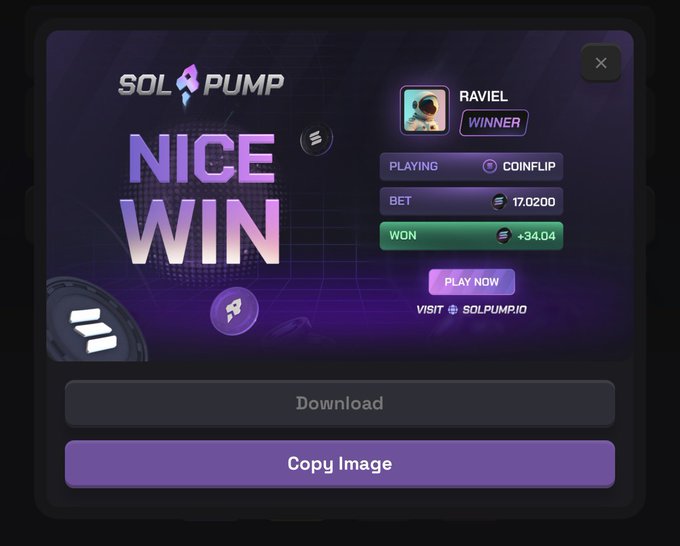 A "Nice Win" notification from SolPump shows player Raviel winning +34.04 SOL on a coinflip with a 17.0200 SOL bet, matching the post celebrating their high-stakes gambling win at solpump.io.