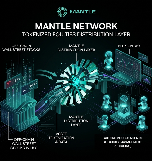 The image is a promotional infographic for "MANTLE NETWORK – TOKENIZED EQUITIES DISTRIBUTION LAYER," showing a flow from off-chain Wall Street stocks (TSLA, SpaceX/SPCX) through Mantle's distribution layer to Fluxion DEX and autonomous AI agents for liquidity management and trading. This visual supports the post by illustrating how Mantle's new xStocks tokenization initiative provides the infrastructure that has kept the author engaged with the project through its price cycles from $0.5 to $1.8 and back.