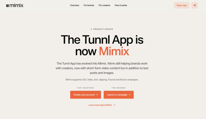 A webpage announcement reading 'The Tunnl App is now Mimix' with a product update explaining the platform now supports short-form video content alongside text and images.