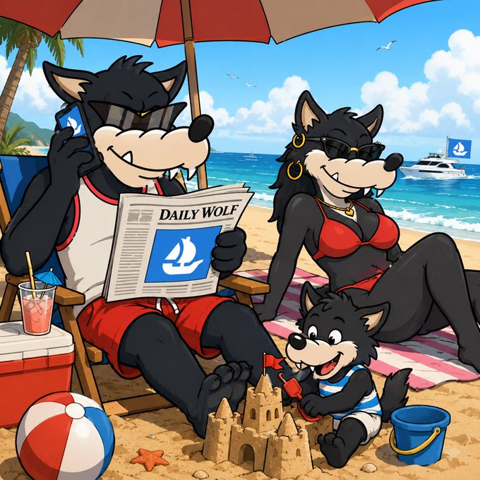 An illustrated cartoon scene depicts a wolf family at the beach; a father wolf in sunglasses reads the 'DAILY WOLF' newspaper under an umbrella, a mother wolf in a red bikini lounges nearby, and their pup builds a sandcastle.