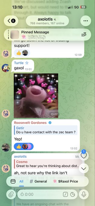 A screenshot of a Telegram group chat called "axolotls" showing messages and an emoji of a pink axolotl surrounded by hearts.
