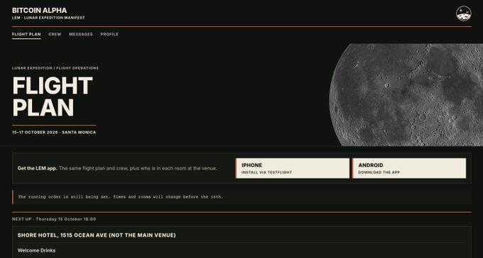 A screenshot of the Bitcoin Alpha event's Flight Plan webpage (15-17 October 2026, Santa Monica), displaying app download links for iPhone and Android, with a notification that the runnig order is still being set and a "next up" welcome drinks event at Shore Hotel on 15 October 18:00.