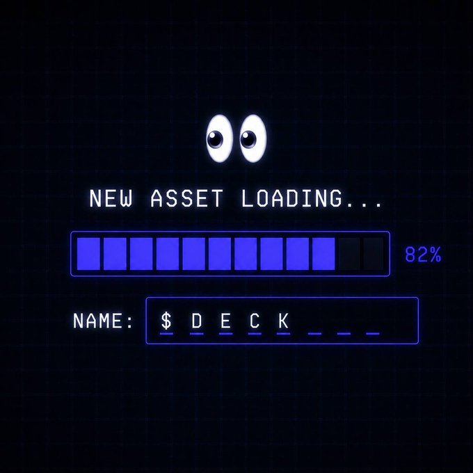 A pixel-art style loading screen with googly eyes displays "NEW ASSET LOADING..." at 82%, with the name "$ D E C K" being entered below. The retro gaming aesthetic and loading bar visually reinforce the "PlayDeck" gaming reference in the caption, presenting $DECK as a new token being loaded onto the blockchain like a character in a classic video game.