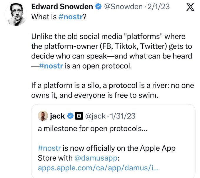 Screenshot of an X post by Edward Snowden (@Snowden) dated 2/1/23 explaining #nostr as an open protocol compared to traditional social media platforms, quoting a post by jack (@jack) about @damusapp launching on the Apple App Store.