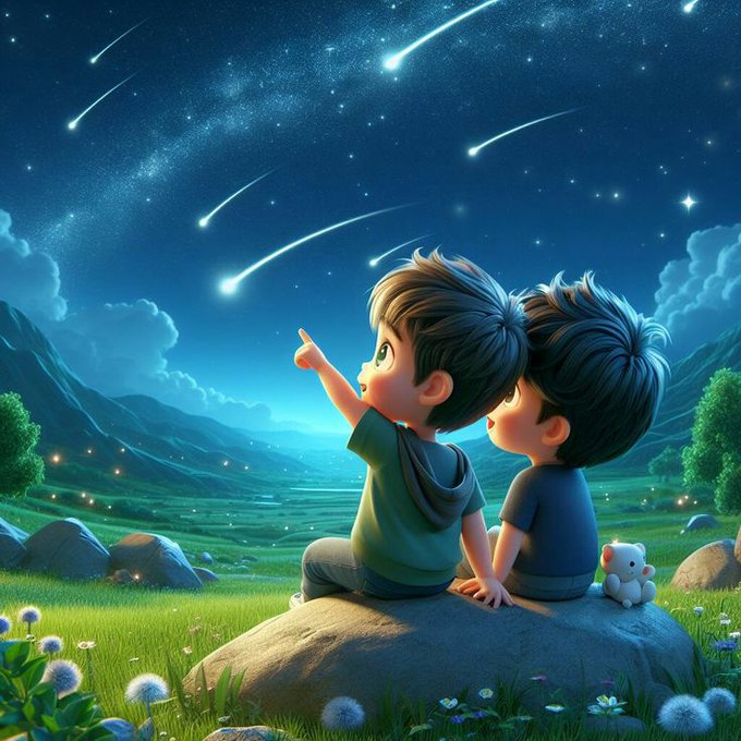 A colorful digital illustration of two young boys sitting on a rock in a grassy field at night, watching shooting stars streak across a starry sky, with a small white teddy bear beside them.