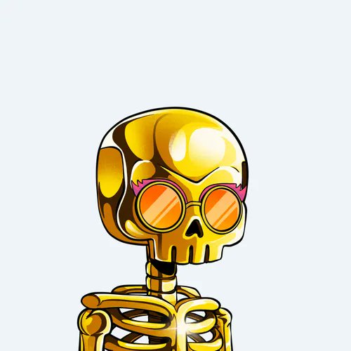 A stylized cartoon illustration of a golden skeleton wearing orange sunglasses with pink arms on a white background.