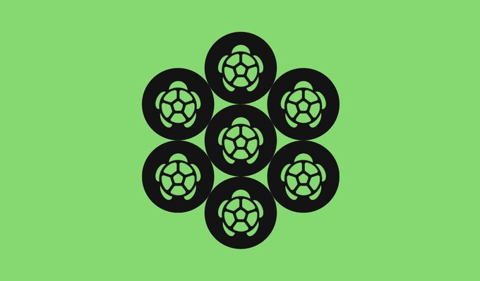 The image shows a square graphic design featuring six circles, each containing five black flowers with green centers, arranged in a symmetrical pattern. The composition of these elements suggests that the design represents the number "7", possibly a reference to an anniversary or celebration. Below this design, there is a post celebrating a 7-year milestone on Facebook, indicating that it might be related to a social event or milestone achievement.