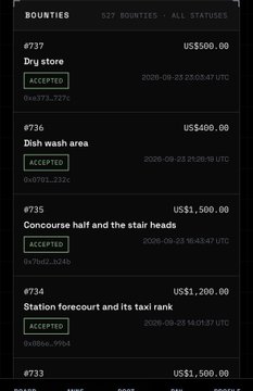 A dark-themed website displays a list of 'BOUNTIES' under '627 BOUNTIES - ALL STATUSES', showing entries like '#737 Dry store US$500.00 ACCEPTED' and '#735 Concourse half and the stair heads US$1,500.00 ACCEPTED'.