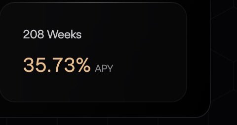 The image is a dark promotional graphic displaying "208 Weeks" and "35.73% APY," highlighting the $Aster staking rewards details mentioned in the post.