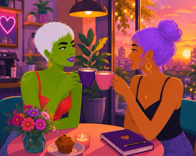 A vibrant illustration of two women with brightly colored skin and hair (one green and white-haired, one orange and purple-haired) sharing a romantic moment over coffee at a table with a muffin, flowers, and a notebook, set against a sunset cityscape backdrop.