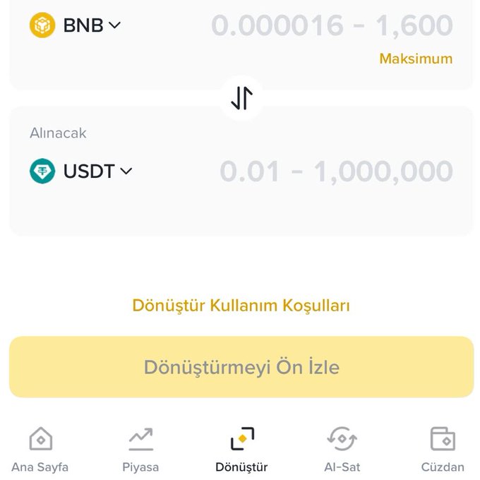 The image shows Binance TR's Convert feature interface, displaying a BNB to USDT conversion screen with exchange limits ranging from 0.000016 to 1,600 BNB and 0.01 to 1,000,000 USDT, along with a yellow "Dönüştürmeyi Ön İzle" (Preview Conversion) button. This illustrates the simple crypto conversion tool mentioned in the post, demonstrating how users can easily swap between different assets.