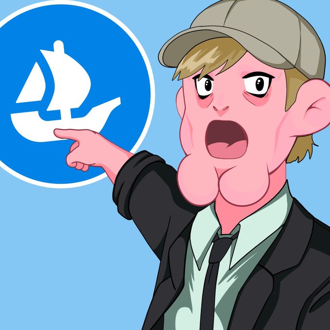 A cartoon-style illustration of a man with an exaggerated shocked expression, wearing a cap and black jacket, pointing at the OpenSea logo.